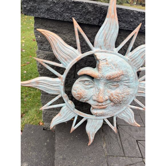 Large 34” Half Face Sun Wall Plaque Aluminum Sculpture Verdigris Finish - Picture 2 of 10